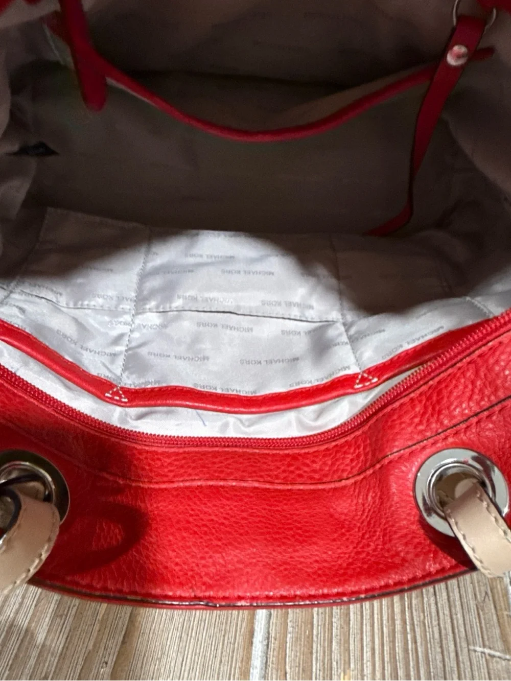 Michael Kors Bedford Medium Top Zip Pocket Tote Bag in Red Pebbled Leather
